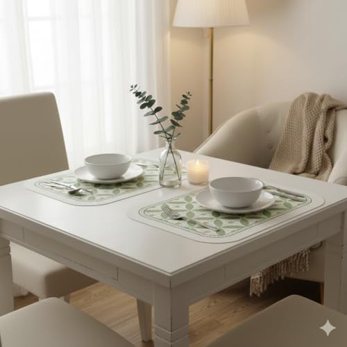 Image of YELONA Light Green Faux Leather Dining Table Placemats - Set of 2 | Heat & Stain Resistant PU Table Mats | Easy to Clean & Durable | Perfect for Office, Conference Tables & Home Decor