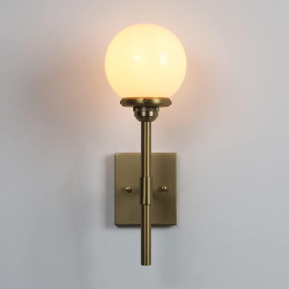 Phansthy Industrial Wall Sconce Gold Wall Sconces 1-Light Vintage Column Stand Style Wall Light with 5.9" Globe Glass Lampshade (Antique + Milk White Shade)