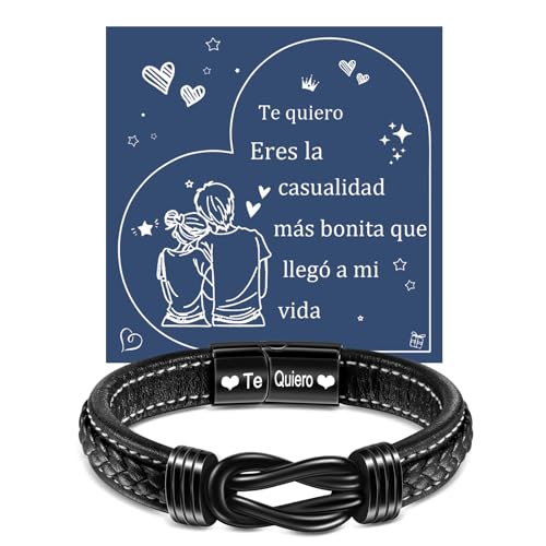 YELUWA Regalos Originales para Hombre, Te Quiero Pulsera de los Hombres Ilimitado Nudo Grabado de Acero Trenzado Pulsera Cuero Para El Novio Marido Amigo Día Navidad Cumpleaños Regalo Hombre