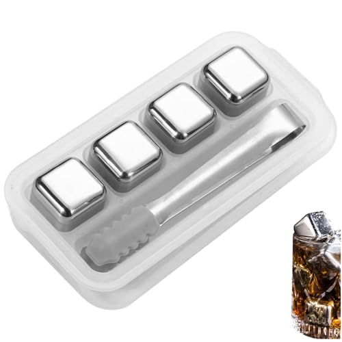 Kit 4 Cubos de Gelo Reutilizáveis em Aço Inox, Prata, 26x26x26 mm, com Pegador e Estojo, Sem Diluir a Bebida