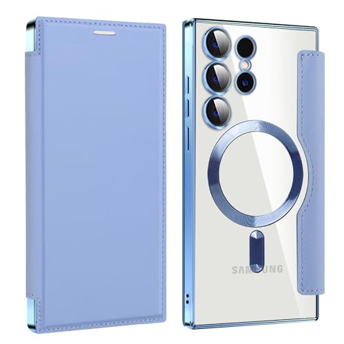 Coque Samsung S22 Ultra antichoc Magsafe transparente et cadre bleu en cuir PU