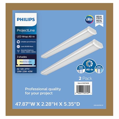 Image of Philips LED 2-Pack 4FT High Brightness Utility Garage Shop Linkable Wrap Around Fixture, Hardwired, 3340 /3800 /4600lm, CCT 3500 /4000 /5000K, 50,000 Hours, Damp Rated, 120-277V - Basement Ceiling