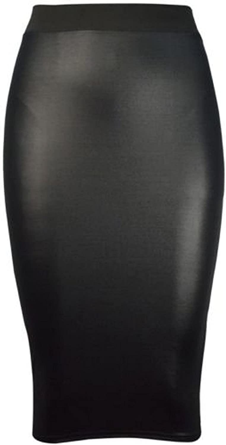 GirlzWalk Women's Celebrity Wet Look Plain Stretch Bodycon Midi Mini Ladies PVC Black Pencil Tube Skirt - Beige - Medium
