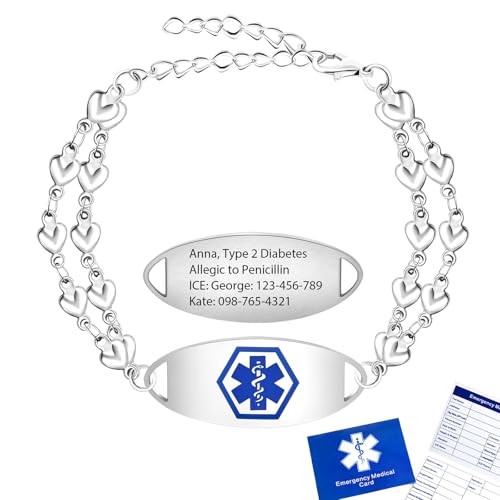 Custom Medical Alert Bracelets for Women, Personalized Medical Bracelet, Customized Stainless Steel Free Engraving Emergency Awareness Medical ID Bracelets for Autism Allergy Diabetic Epilepsy