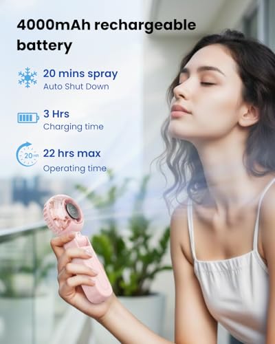 Image of SEVENAIRE Misting Fan Portable Handheld Turbo Fan with Mist, LED Display, Neck & Desk Foldable High Speed Airflow Mini Fan, Rechargeable Personal Mister Fans with Water Spray Bottle for Outdoor Travel