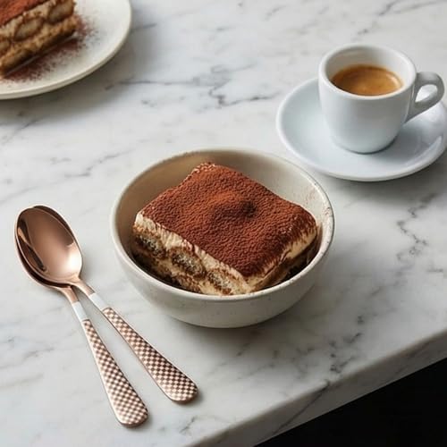 Image of 6.7 inch Rosegold Dessert Spoons Set of 5 with Checks Printed Handle ? Durable Stainless Steel Teaspoons, Mirror Polished Silverware Spoons, Perfect for Home, Restaurant, and Gifting