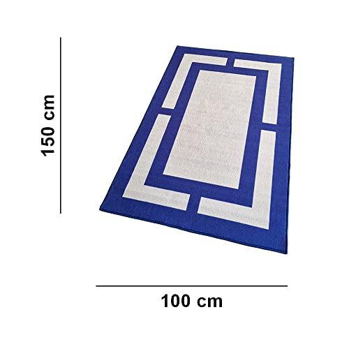 Image of Matz&More Geometric Border Rug | 100x150 CM | Beige Navy | Soft Nylon Loop Pile with Anti-Slip Gel Backing | Living Room, Bedroom & Office Floor Carpet