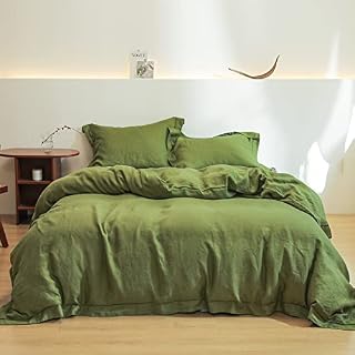 Simple&Opulence Super King Duvet Cover Sets,100% Linen,Cozy Breatherable Washed Linen Bedding with Embroidery Pillowcases,Quilt Cover with Button Closure,260cm x 220cm,Olive Green