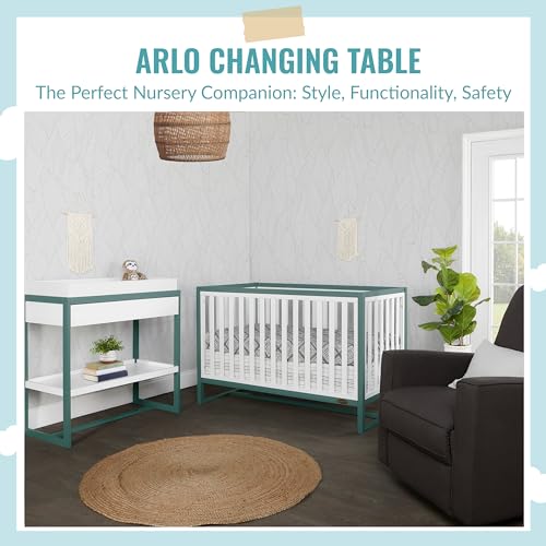 Image of Dream On Me Arlo Changing Table in Jungle Green, Made of Solid New Zealand Pinewood, Non-Toxic Finish, Comes with Water Resistant Mattress Pad & Safety Strap