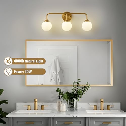 Image of Bathroom Light Fixtures - 3 Light Brushed Brass Vanity Light Over Mirror for Bathroom Mirror Living Room Bedroom, Gold Bathroom Wall Sconce with Frosted Glass Shade, 3 G9 Bulbs Included