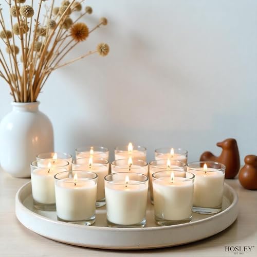 Image of Hosley Set of 12 White Unscented Votive Candles in Clear Glass Holders - Hand Poured Soy Wax, 10-12 Hour Burn Time for Weddings & Home Decor