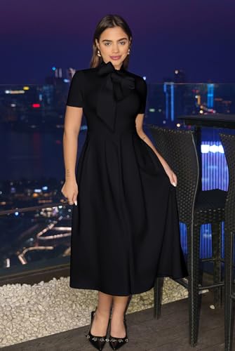 Memoriesea Women's Elegant Casual Short Sleeve Work Party A-Line Dress with Pockets2