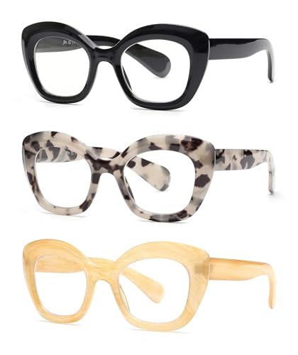 JM 3 Pack Oversized Cat Eye Reading Glasses for Women Funky Blue Light Flexible Cateye Readers +1.25