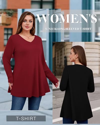 3 Pack Women's Plus Size Tunic Tops Cotton V Neck Long Sleeve Shirts Loose Fit Casual Flowy Tees with Leggings2
