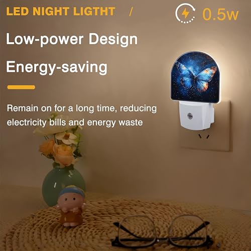 Image of Night Lights Plug into Wall Blue Butterfly with Stars Night Light Dusk to Dawn Smart Sensor Decorative Round Led Lamp for Bedroom Kitchen Hallway Nightlight for Women Men