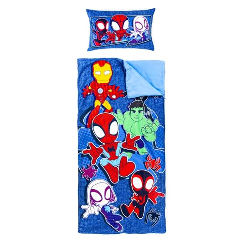 Jay Franco Kids Slumber Bag and Pillow - 54 x 27 Inch Comfy Indoor Sleeping Bag for School and Sleepovers, 2 Piece Set, Blue - Spidey & His Amazing Friends