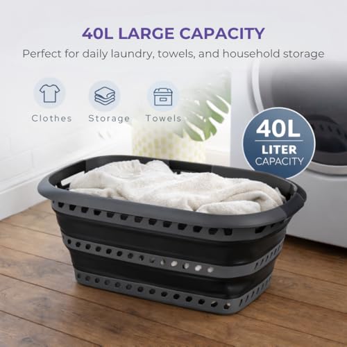 Image of Laundry 360 Collapsible Laundry Basket 40L | Portable | Space Saver Storage | Hold 2 Loads | Store Under the Bed or Closet | Good for Kids | Dorm | Bedroom | Large | Grey /Black