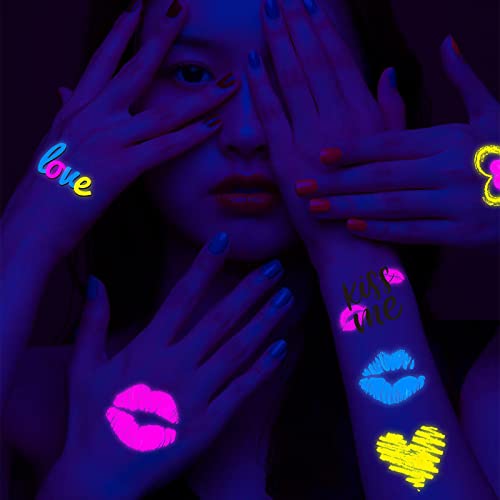 Maripabon Neon Temporary Tattoos New Love Mixed Style Glitter Cupid Red Lips Heart Flower Glow In The Dark Uv Neon Tattoos Stickers 60 Flash Fake Waterproof Tattoos For Women Girls Body Art #TOP5