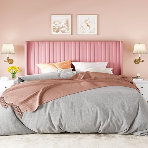 Image of Allewie King Size Velvet Bed Frame /Vertical Channel Tufted Wingback Headboard /Upholstered Platform Bed /Strong Wooden Slats /No Box Spring Needed /Easy Assembly /Pink