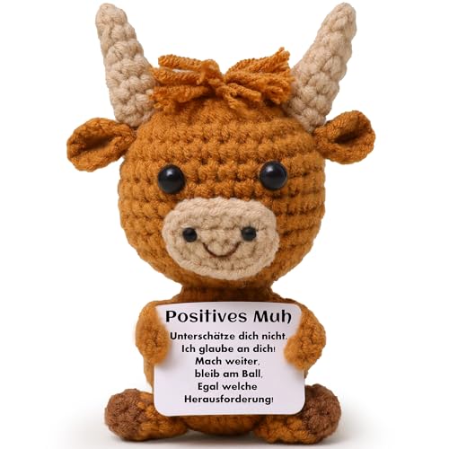 Gehäkelte Highland Cow Kuh – Mini Strickpuppe mit Positiver Energie Karte, Emotionaler Support Kuscheltier für Stressabbau, Niedliches Hochlandrind Geschenk für Frauen, Freunde, Studenten Weihnachten