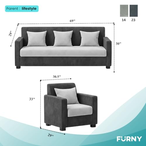 Image of FURNY Lexon 3 Seater + 1 Seater + 1 Seater Fabric Sofa Set (Dark Gray-Light Gray) with Velvet Finish | Durable Comfort | Ideal for Living Room