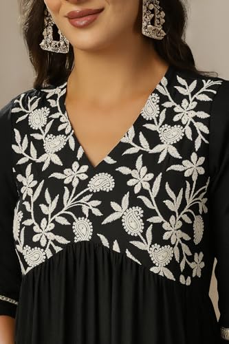 Image of MAHIRA'S Women's Short Kurti, Black Rayon Tunic Top with Embroidered Sleeves, 3 /4 Designer Sleeves