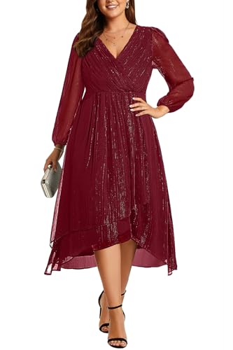 Image of Plus Size Wedding Guest Dress - Formal Long Sleeve A Line V Neck Midi Dress | Formal fall wedding guest dress, A-line pleated midi style with long sleeves & V-neck for curvy women.