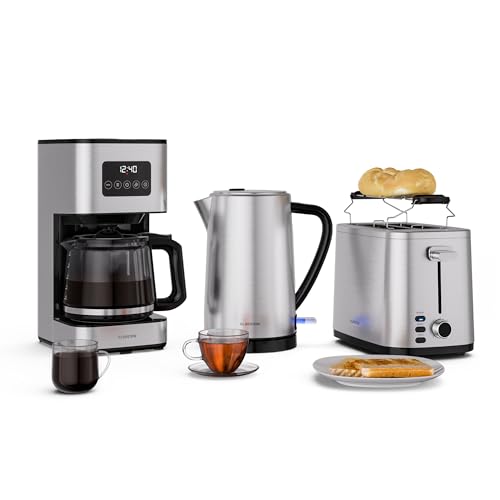 Klarstein Verosteel Set Petit-Déjeuner Complet – Grille-Pain 2 Fentes 7 Niveaux, Bouilloire Électrique Inox 1,7L, Cafetière Filtre 12 Tasses, Design...