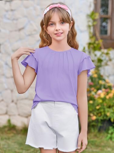 Image of Haloumoning Girls Pleated Ruffle Short Sleeve Shirts Kids Summer Crewneck T-Shirts Fashion Tops Tees 5-14 Years