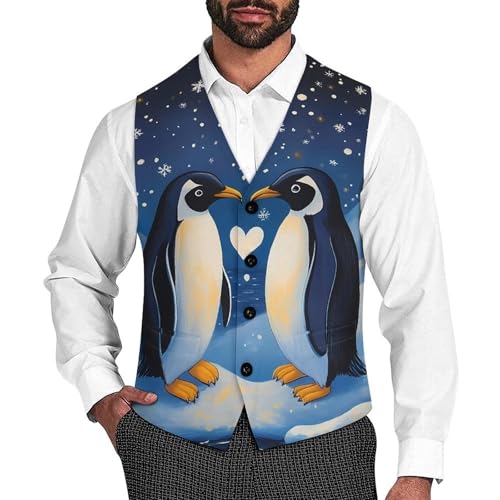 Penguins Love Heart Snowflakes Men's Formal Suit Vest for Business Formal Or Casual Dress Waistcoat Wedding