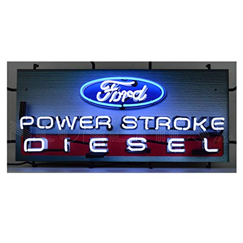 Ford Power Stroke Diesel Neon Sign with Backing by Neonetics - Official Ford OLP Licensed Product - Blue and White Hand Blown Real Glass Tubes, 32 Inches Wide by 15 Inches Tall - 5POWER