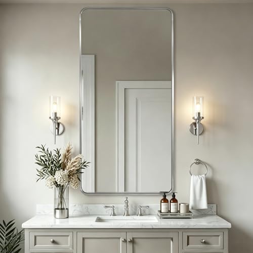 Image of ANDY STAR 24x48'' Brushed Nickel Bathroom Vanity Mirror for Over Sinks, Rounded Rectangle Bathroom Wall Mirror in 1'' Rustproof Tube Metal Frame Mirror Decorative Wall-Mounted Horizontal /Vertical