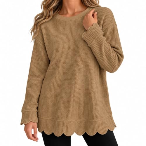 Waffle Knit Tops For Women Plus Size Long Sleeve Tunic Scalloped Sweatshirt - image 1