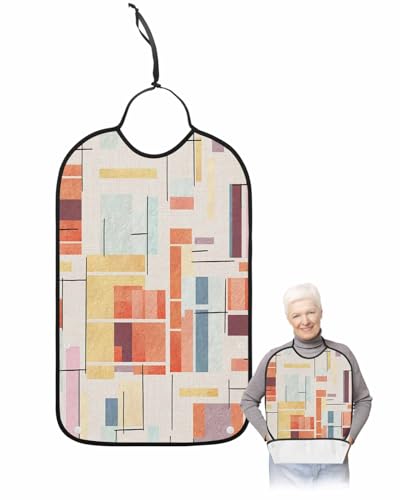 LEOKOTI Contemporary Geometric Adult Bibs for Eating, Waterproof Bibs with Food Catcher & Adjustable Snap Closure, Vintage Modern Abstract Art Washable Clothing Protectors Adult Bibs for Elderly