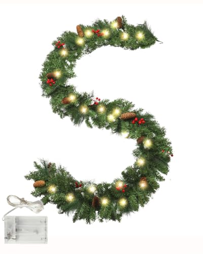 Guirnalda de Navidad 2.7M con 50 LED Luces, Festón de Pino Artificial con piñas Naturales y Bayas Rojas, Decoración Flexible para Puerta, Chimenea y escaleras, Interior, Exterior