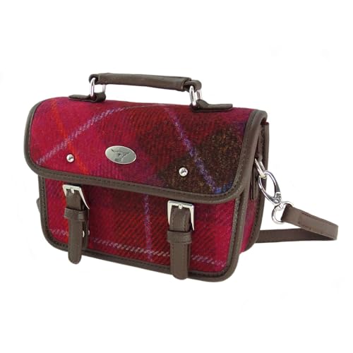 Image of Glen Appin Harris Tweed Bervie Mini Satchel Bag With Adjustable & Removable Shoulder Strap (Deep Pink Tartan)