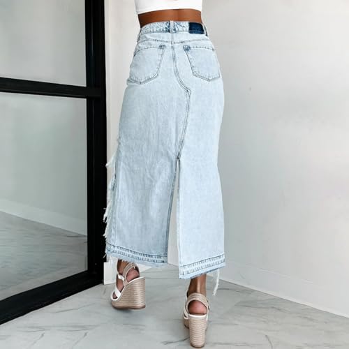 Women's High Waisted Denim Skirt Asymmetrical Hem Split Ripped Frayed Raw Edge Midi Length Skirt with Pockets3