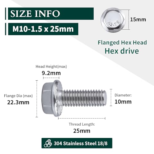 Image of M10-1.5 x 25mm Hex Flange Bolt (1 inch Thread Length), DIN6921, Serrated Locking Flange, 304 Stainless Steel, UNC Full Thread, 10-Pack