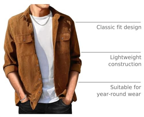 Image of Comdecevis Men's Corduroy Shirt Long Sleeve Plain Tops Button Down Work Shirts Jacket with Chest Pockets Brown 3X-Large