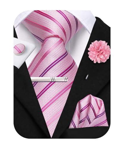 Image of Hi-Tie Mens Paisley Floral Striped Ties Set Silk Necktie and Lapel Pin for Men Pocket Square Cufflinks Set Business Wedding
