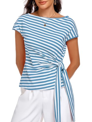 Image of HOTIAN Womens Cap Sleeve T Shirts 2026 Tie Waist Wrap Tops Crew Neck Blouses Dressy Casual Loose Work Business Dressy