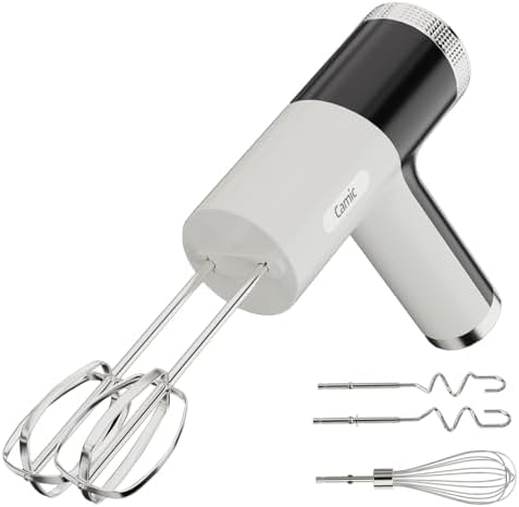 Camic Electric Hand Mixer with 9 Speeds, Powerful Motor, Cordless Hand Mixer with Whisk, Dough Hook and Mixing Rod for Whipping Eggs, Cream, Butter, Jam, Kneading Dough and Blending (White+Black)