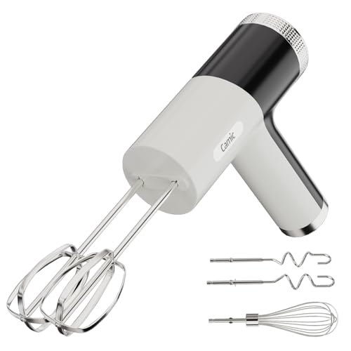 Camic Electric Hand Mixer with 9 Speeds Powerful Motor Cordless Hand Mixer with Whisk Dough Hook and Mixing Rod for Whipping Eggs Cream Butter Jam Kneading Dough and Blending (White+Black)