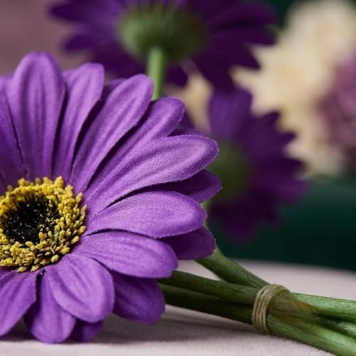 Image of Artificial Gerbera Flower Sticks (Pack of 5) for Home Decor | Realistic Faux Flowers for Vases | Wedding, Office, Living Room & Party Decoration | Long-Lasting, Washable & Reusable (Violet)