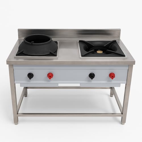 Gurubhai Equipments 2-Burner Stainless Steel Gas Stove | Commercial Range with 1 Chinese Burner & 1 Single Burner | Heavy-Duty Kitchen Stove for Restaurants, Hotels & Catering Use