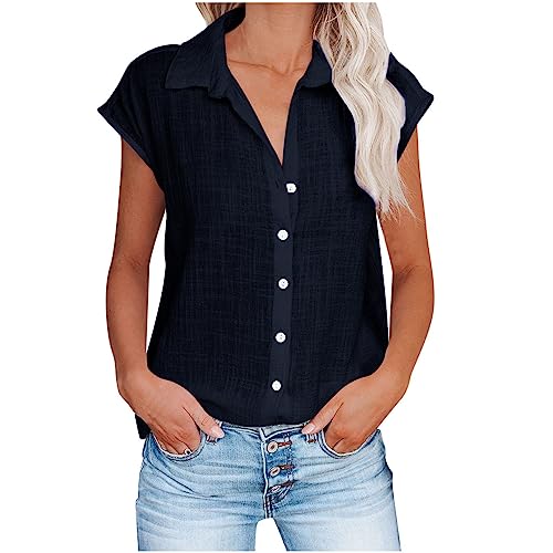 Women Cotton Linen Button Down Tops Casual Short Sleeve Shirt Blouse Collar Blouse Casual Loose Fit Tunic Tshirts B-Navy