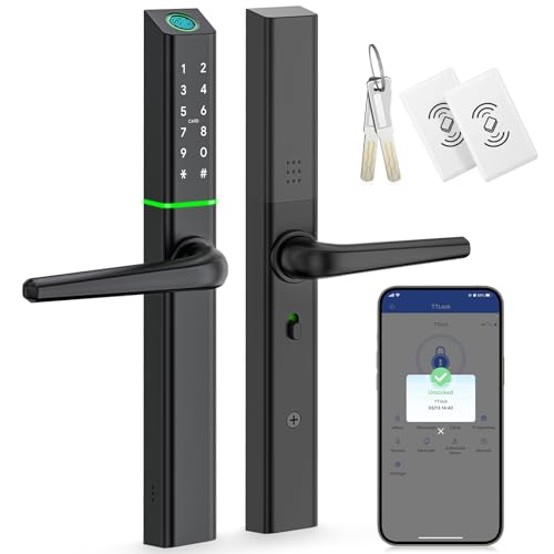 Ruveno Weatherproof Smart Door Lock with Handle: Fingerprint Keyless Entry – Digital Code Door Lock for Aluminum Wooden Door – Bluetooth Electronic Deadbolt Door Lock – APP Control – Slimline Design