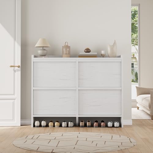 GarveeHome Shoe Cabinet with 4 Flip Drawers, Wooden Shoe Organizer Cabinet with Adjustable Shelf, Shoe Storage for Entryway, Hidden Shoe Cabinet for Hallway, Living Room, White
