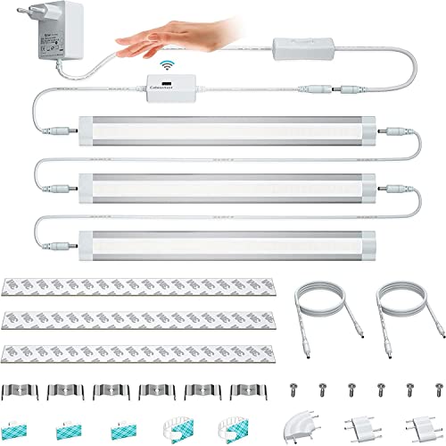 LAMPAOUS Iluminación LED para armario, regulable, luz blanca cálida, sensor de infrarrojos, interruptor de onda manual, 3 x 4 W, total 12 W, para luz nocturna, armario, garaje, paquete de 3 unidades Cover