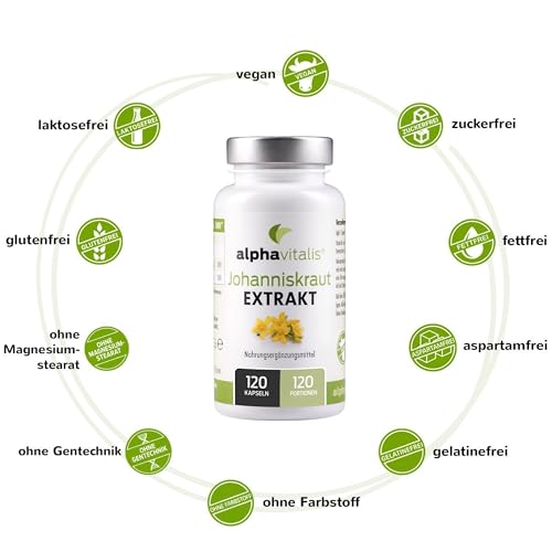 Johanniskraut Kapseln optimal dosiert mit natürlichem Hypericin - 120 Stk. - veganer Extrakt mit Vitamin B6 & B12 - St. John’s Wort Extract aus Hypericum perforatum L.